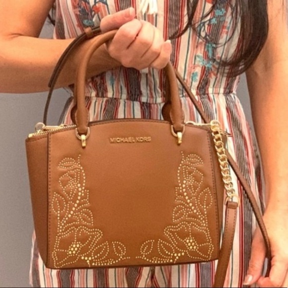 Michael kors Brown Tan Embellished Stud Ellis convertible satchel Crossbody - Picture 5 of 10